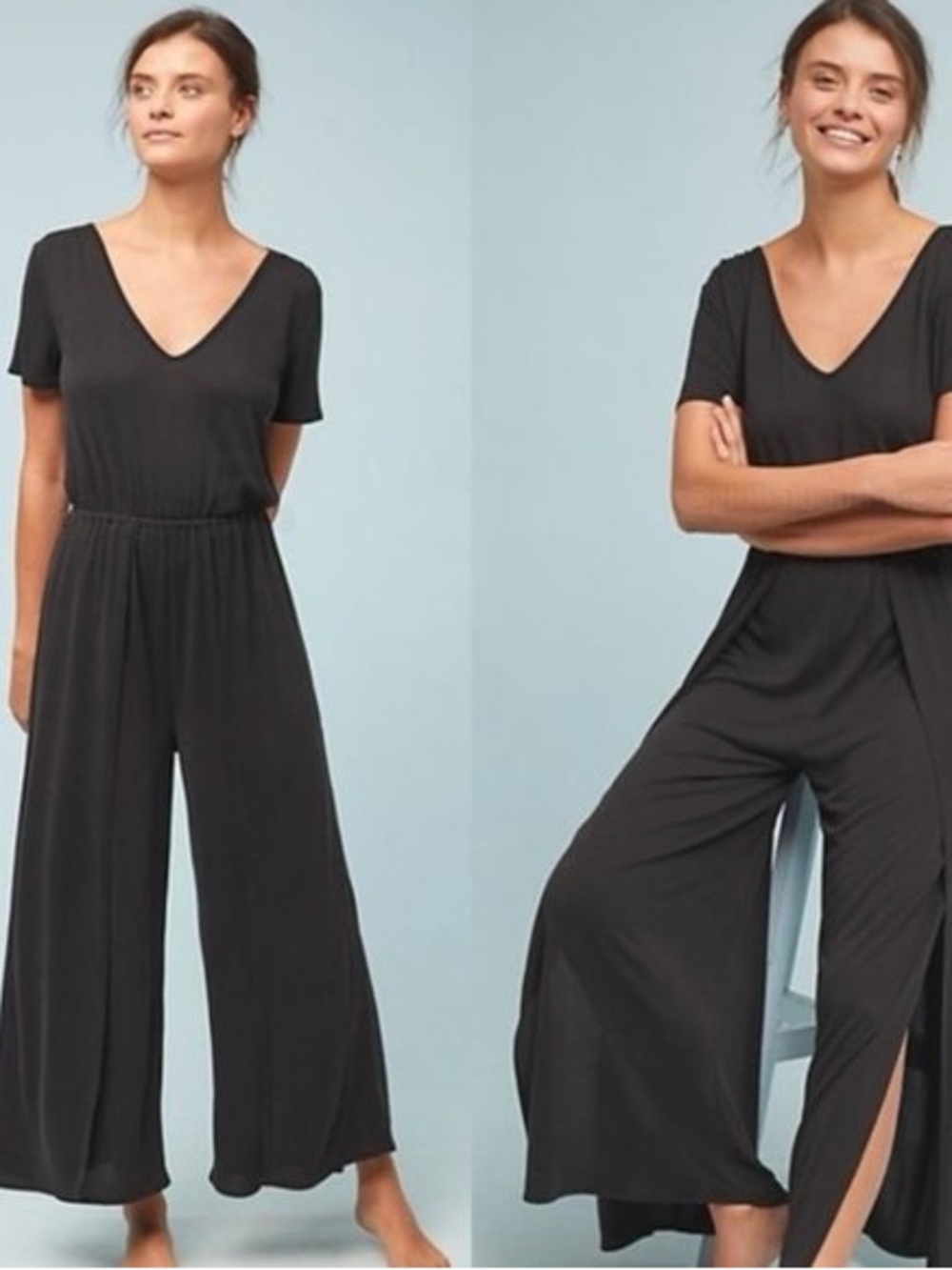 Anthropologie Black V-Neck Wide-Leg Jumpsuit